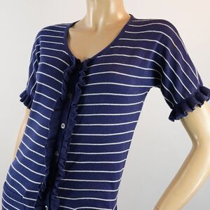 Gap Knit Top Navy Blue White Pinstripe Button Front Short Sleeve Tunic Womens M